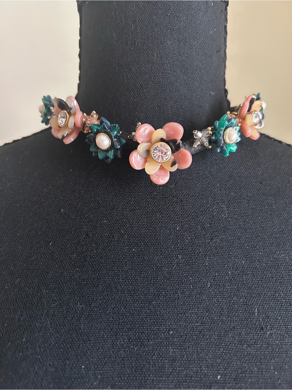 Ann Taylor Pink and Green Floral Crystal Choker Necklace